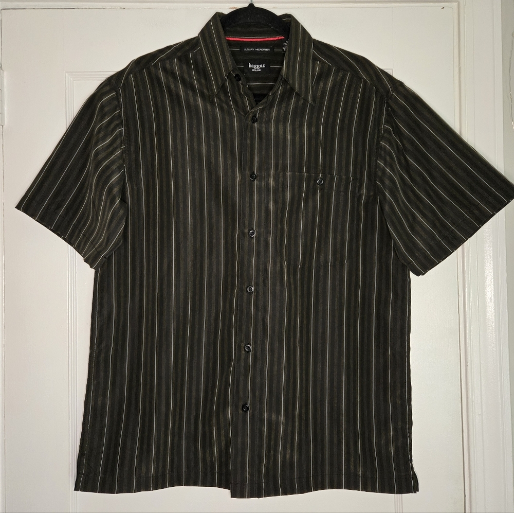 Haggar Stripped Short Sleeve Button-Down Shirt - Men's Small - Brown & Black